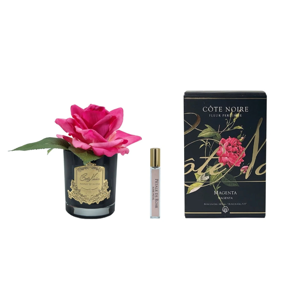 COTE NOIRE PERFUMED NATURAL TOUCH SINGLE ROSE BLACK GLASS IN MAGENTA