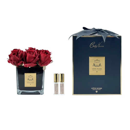 COTE NOIRE COUTURE PERFUMED NATURAL TOUCH 9 ROSE BUDS BLACK SQUARE GLASS CARMINE RED