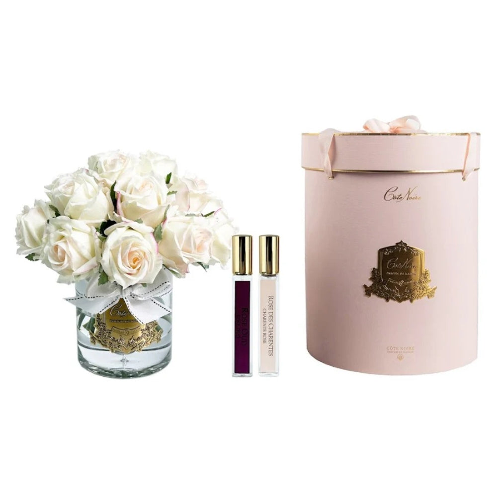 COTE NOIRE LUXURY GRAND ROSE BUD BOUQUET CLEAR GLASS GOLD BADGE IN PINK BLUSH