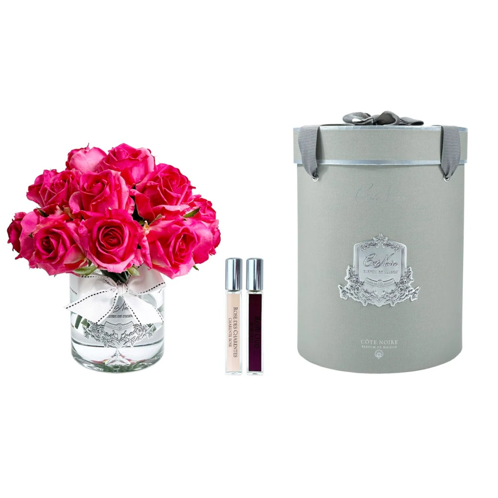 COTE NOIRE LUXURY GRAND ROSE BUD BOUQUET CLEAR GLASS SILVER BADGE IN MAGENTA