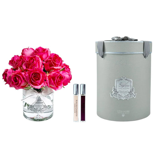 COTE NOIRE LUXURY GRAND ROSE BUD BOUQUET CLEAR GLASS SILVER BADGE IN MAGENTA