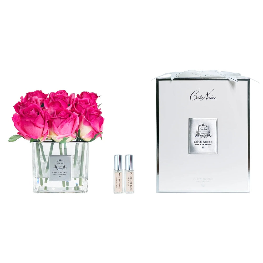 COTE NOIRE PERFUMED NATURAL TOUCH COUTURE 9 ROSE BUDS CLEAR SQUARE GLASS MAGENTA