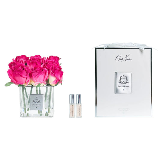 COTE NOIRE PERFUMED NATURAL TOUCH COUTURE 9 ROSE BUDS CLEAR SQUARE GLASS MAGENTA