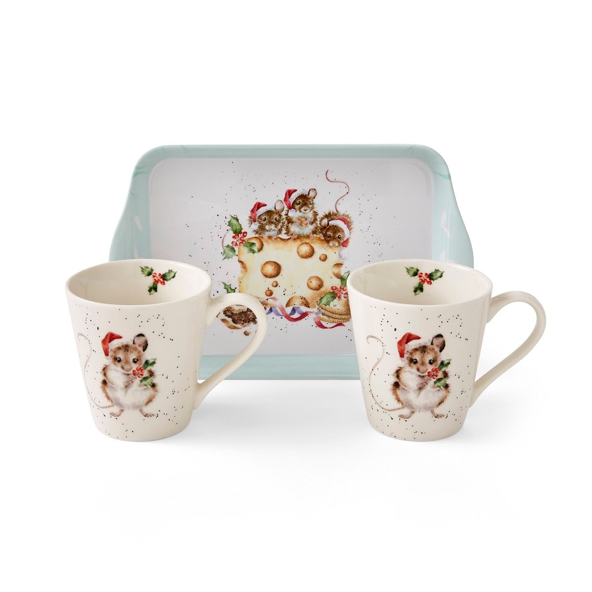 ROYAL WORCESTER WRENDALE CHRISTMAS MUGS & TRAY SET HOLLY JOLLY MICE