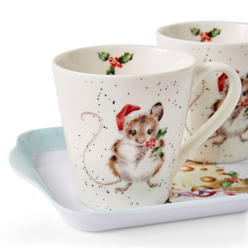 ROYAL WORCESTER WRENDALE CHRISTMAS MUGS & TRAY SET HOLLY JOLLY MICE