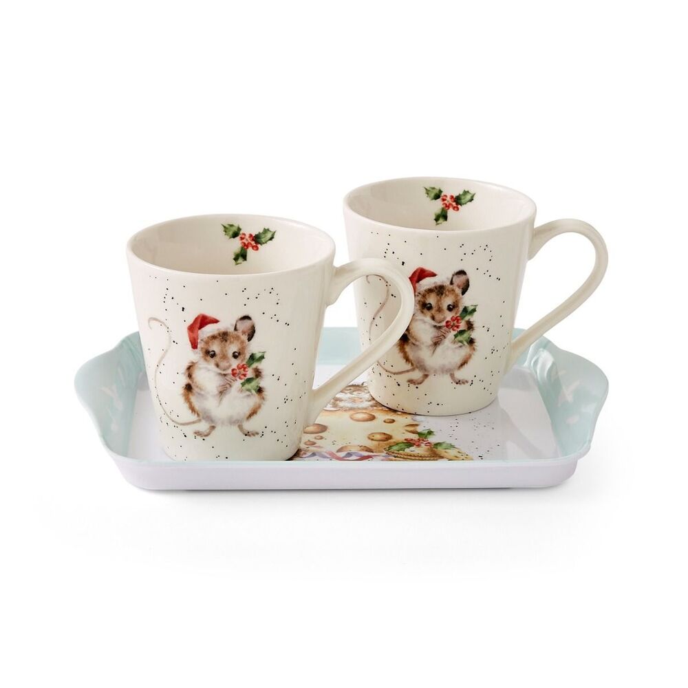 ROYAL WORCESTER WRENDALE CHRISTMAS MUGS & TRAY SET HOLLY JOLLY MICE