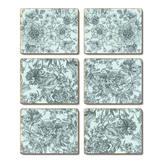 CINNAMON COASTER SET OF 6 CORK BACK FLORAL ENGRAVING