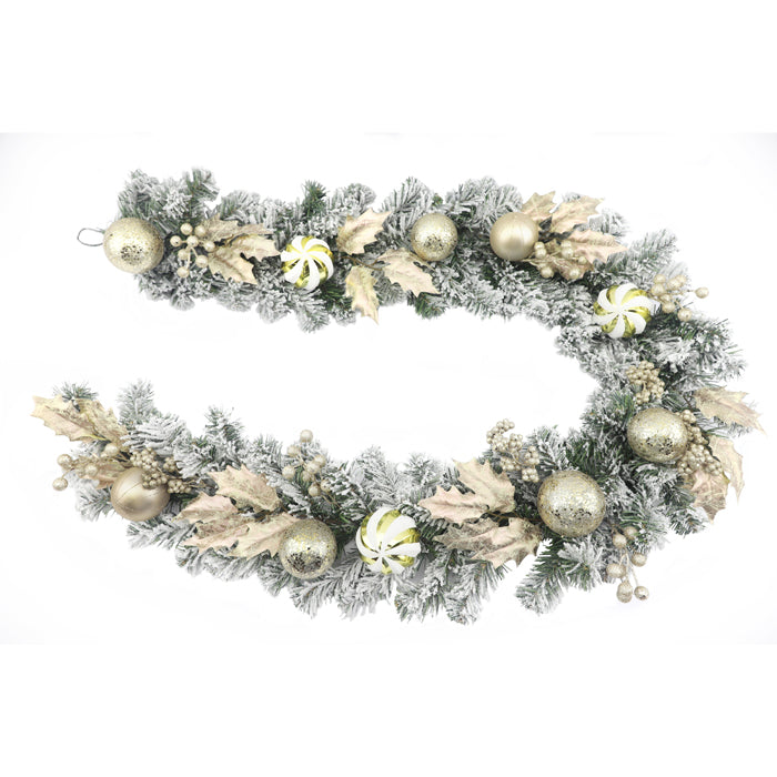 PURE CHRISTMAS GARLAND CHAMPAGNE HOLLY WITH SNOW 183CM