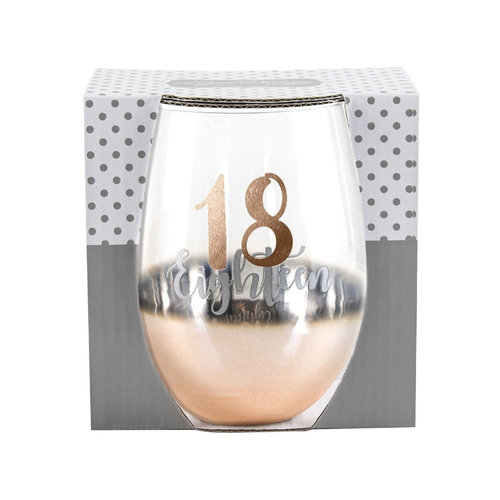 WINE GLASS STEMLESS ROSE GOLD OMBRE 18TH BIRTHDAY