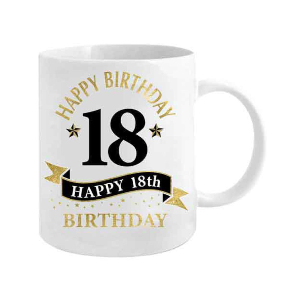 MUG PERCELAIN WHITE, BLACK & GOLD 18TH BIRTHDAY