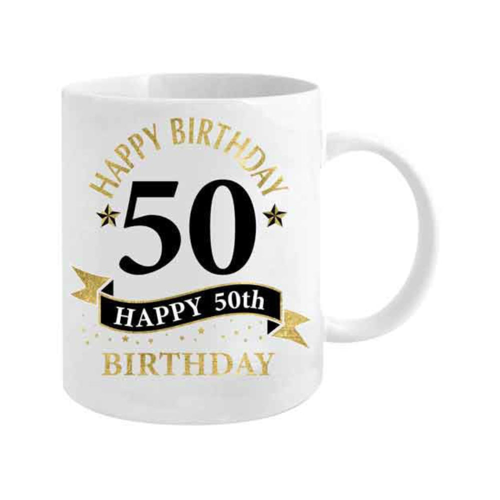 MUG PORCELAIN WHITE, BLACK & GOLD 50TH BIRTHDAY