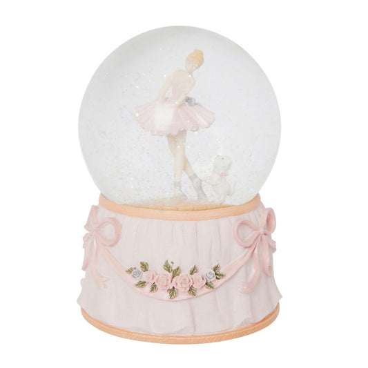 THE RUSSELL COLLECTION MUSICAL SNOW GLOBE RESIN BALLERINA SPINNING WITH DOG