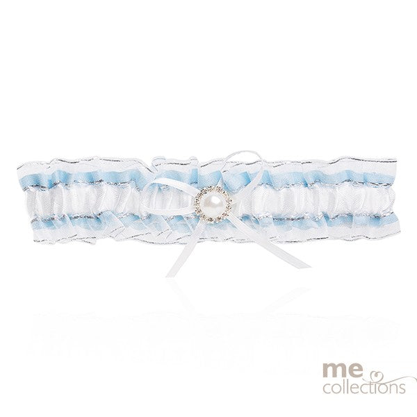 WEDDING GARTER ORGANZA BLUE & WHITE WITH ROUND DIAMONTE PEARL BUCKLE