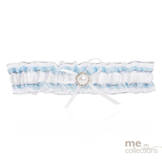 WEDDING GARTER ORGANZA BLUE & WHITE WITH ROUND DIAMONTE PEARL BUCKLE