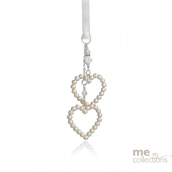 WEDDING CHARM DOUBLE PEARL HEART DROP GOLD & WHITE