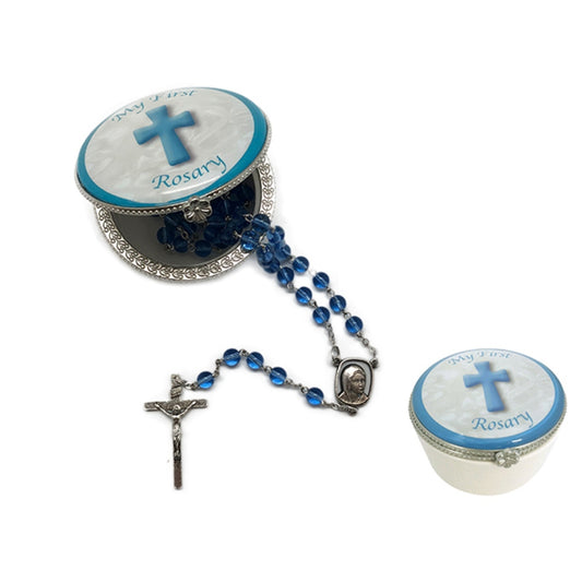 MY FIRST ROSARY BLUE BEADS IN BLUE PORCELAIN BOX