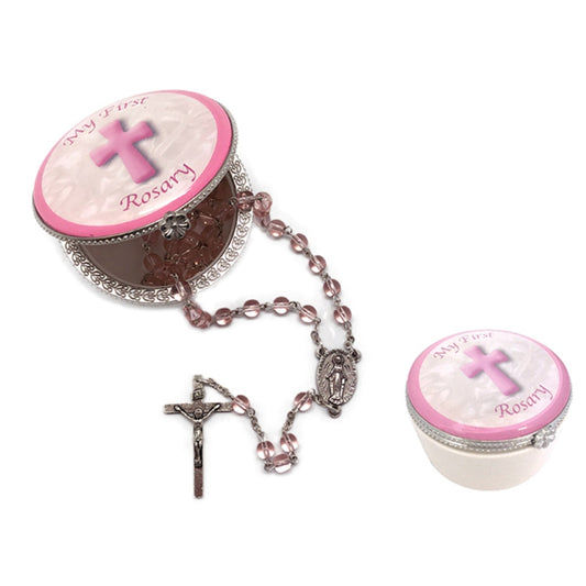 MY FIRST ROSARY PINK BEADS IN PINK PORCELAIN BOX