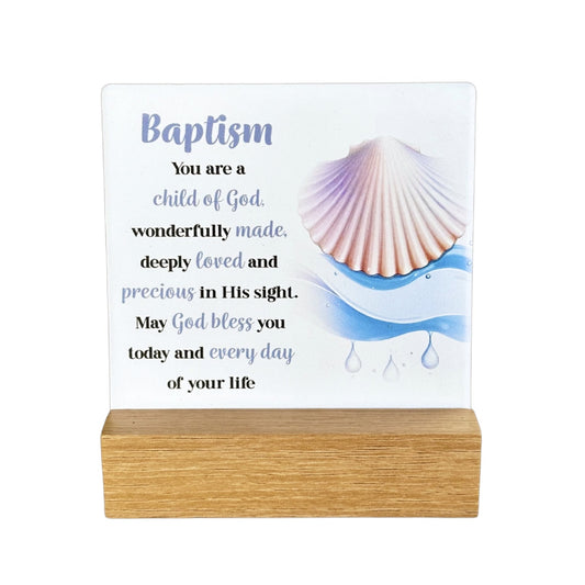 PLAQUE FLEUR SERIES CERAMIC WITH WOOD BASE BAPTISM