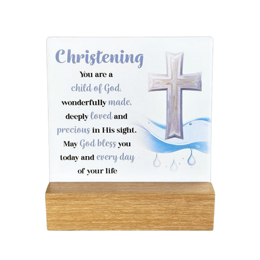 PLAQUE FLEUR SERIES CERAMIC WITH WOOD BASE CHRISTENING