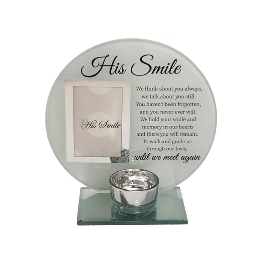 GLASS PHOTO FRAME & CANDLE HOLDER MEMORIAL HIS SMILE