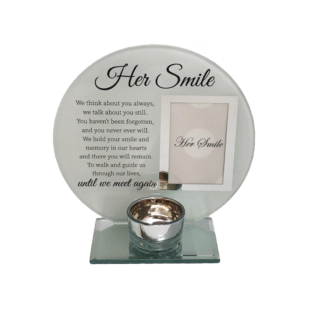 GLASS PHOTO FRAME & CANDLE HOLDER MEMORIAL HER SMILE