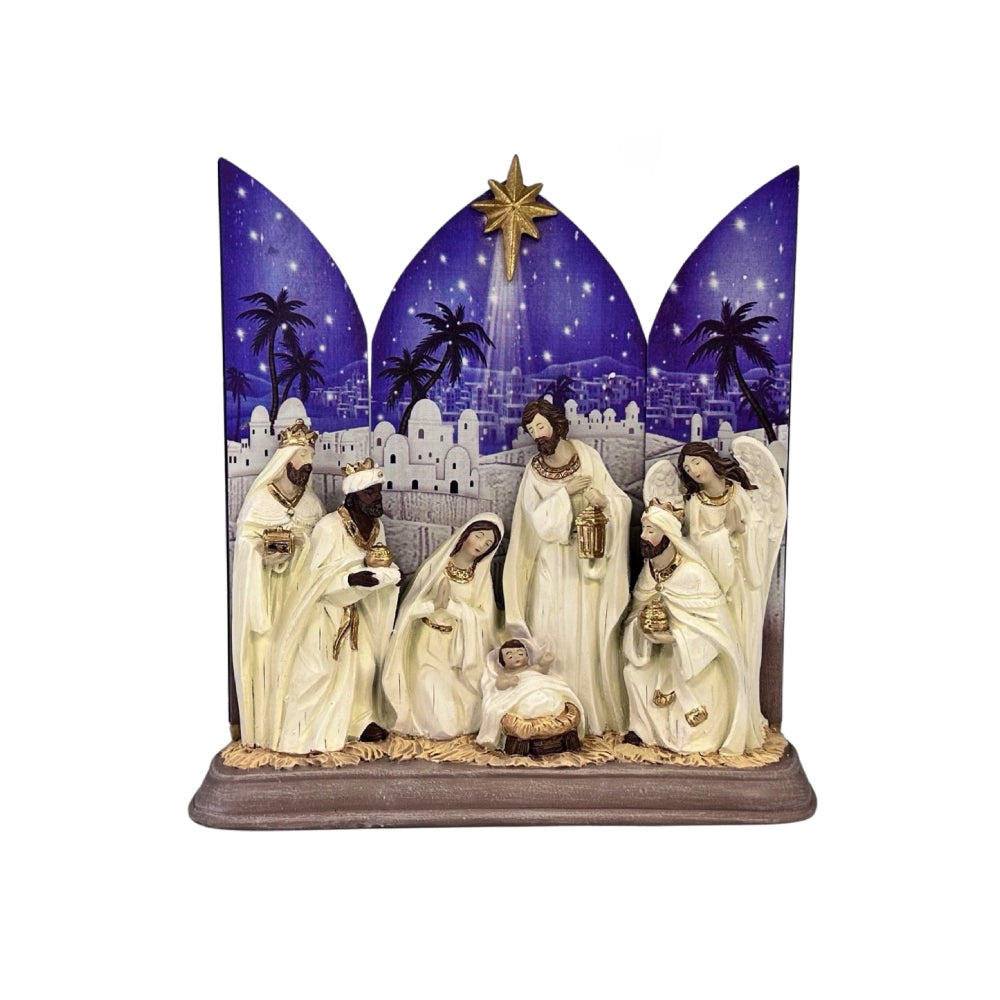 GATTO & CO CHRISTMAS NATIVITY RESIN & WOOD HOLY FAMILY SCENE WHITE WITH BLUE BACKGROUND 28CM