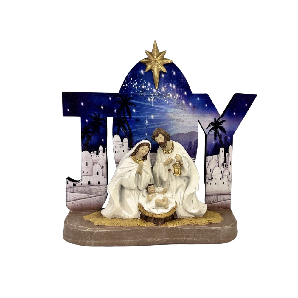 GATTO & CO CHRISTMAS NATIVITY RESIN & WOOD HOLY FAMILY SCENE JOY BACKGROUND 20CM