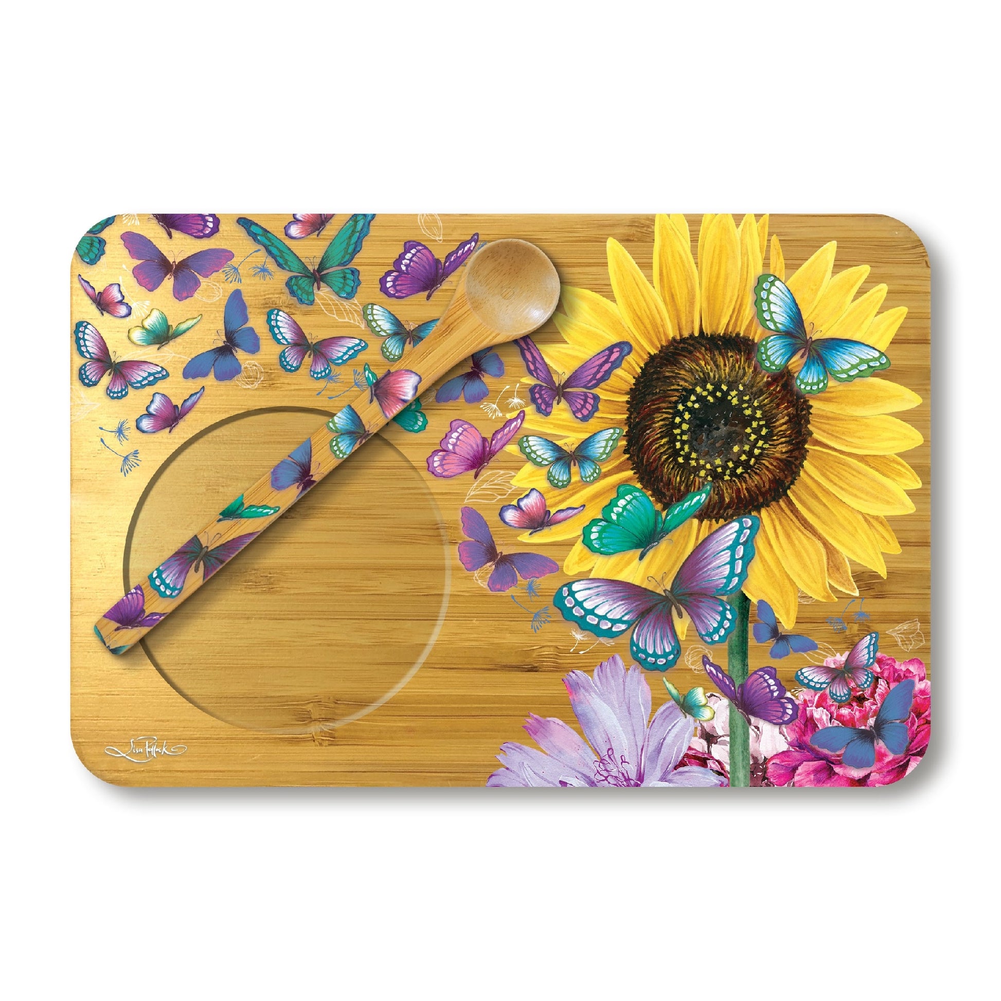 LISA POLLOCK BAMBOO TEA TIME TRAY WITH SPOON SUNNY BUTTERFLIES