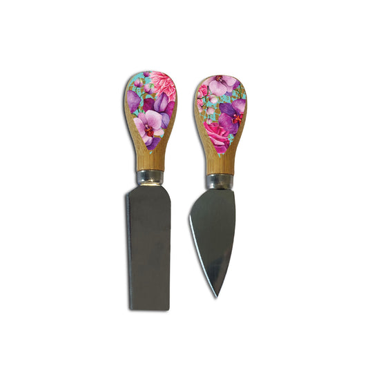 LISA POLLOCK BAMBOO CHEESE KNIVES SET OF TWO ROSE BOUQUET 13CM