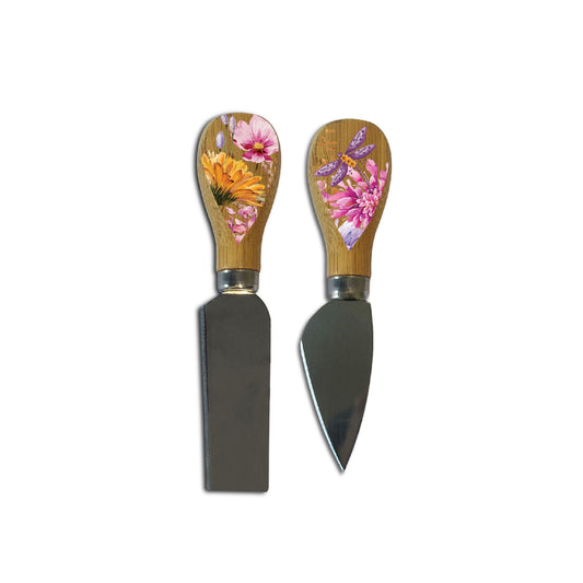 LISA POLLOCK BAMBOO CHEESE KNIVES SET OF TWO DRAGONFLY FIELDS 13CM