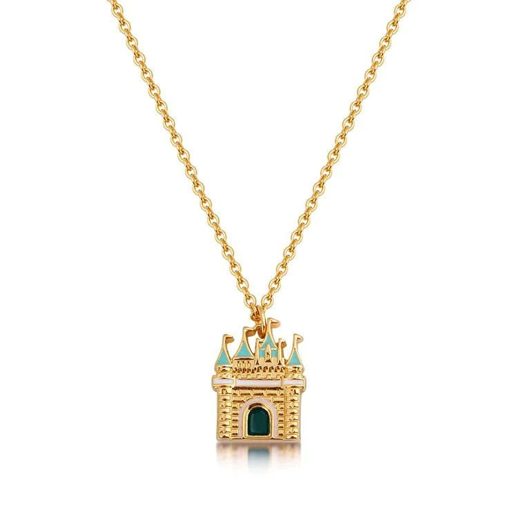 DISNEY COUTURE KINGDOM SLEEPING BEAUTY CASTLE NECKLACE YELLOW GOLD PLATED