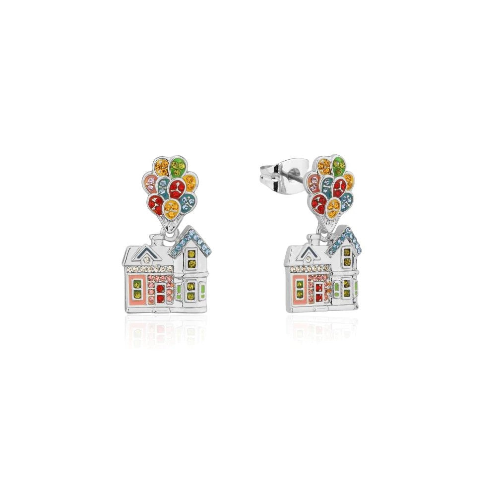 DISNEY COUTURE KINGDOM UP HOUSE CRYSTAL DROP EARRINGS WHITE GOLD PLATED