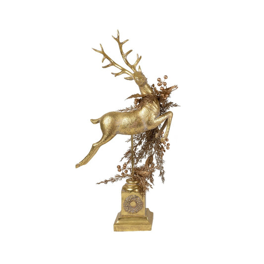 PURE CHRISTMAS RESIN SHINY GOLD DEER LEAPING ON STAND WITH GOLD WREATH RIGHT 62CM