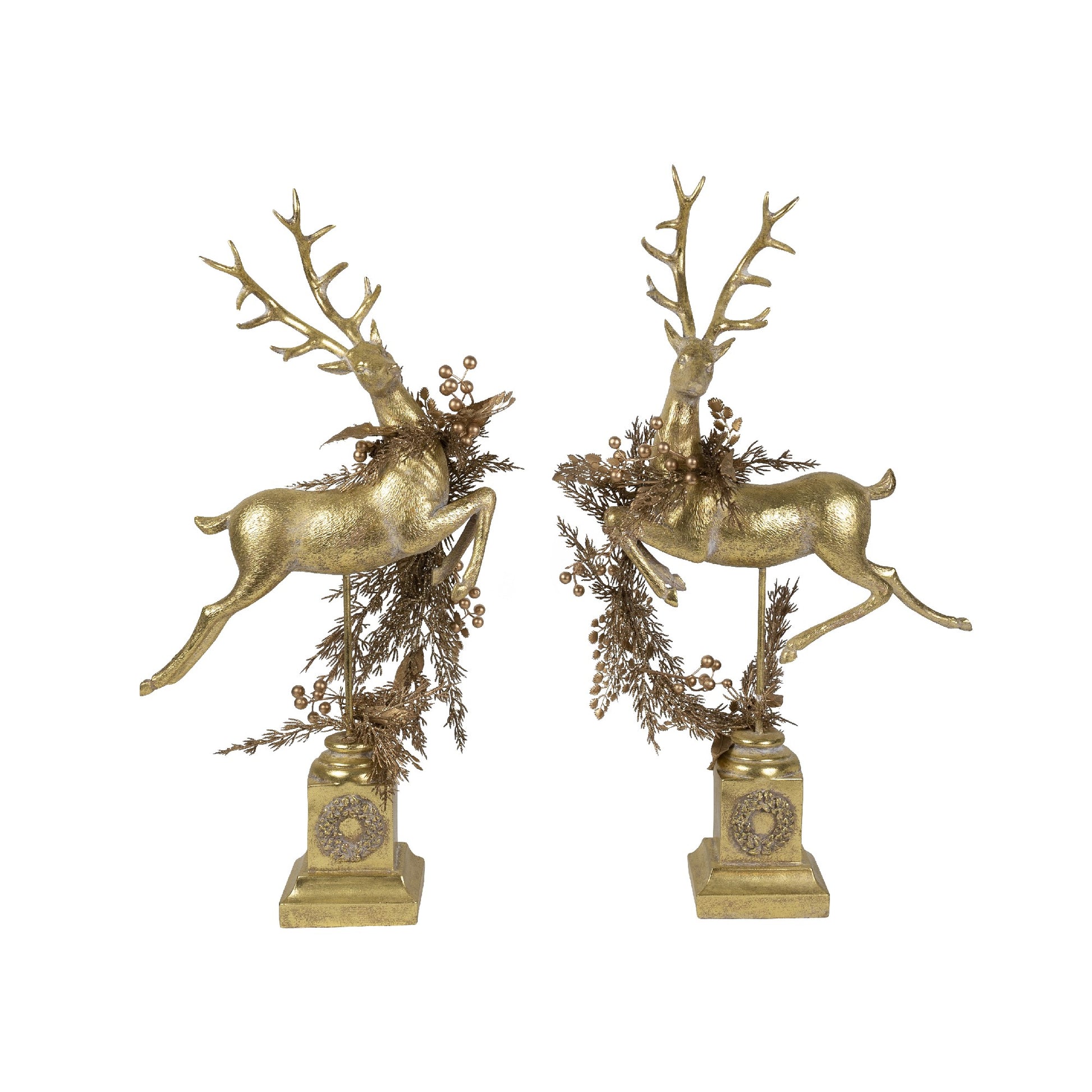 PURE CHRISTMAS RESIN SHINY GOLD DEER LEAPING ON STAND WITH GOLD WREATH RIGHT 62CM