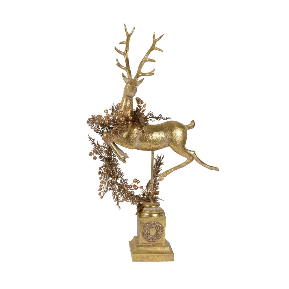 PURE CHRISTMAS RESIN SHINY GOLD DEER LEAPING ON STAND WITH GOLD WREATH LEFT 62CM