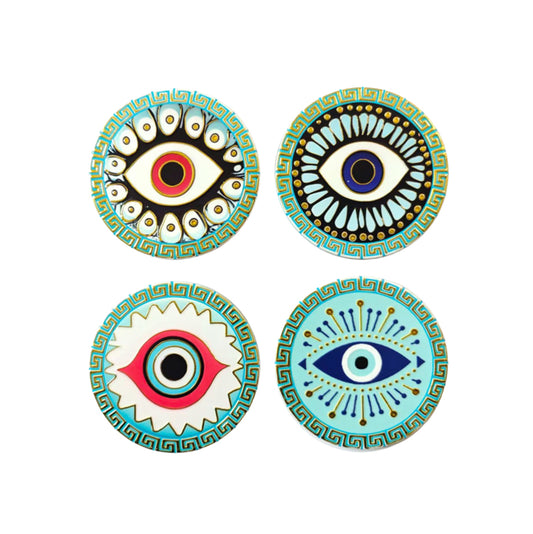CERAMIC COASTERS ROUND SET OF 4 CORFU AQUA EYE