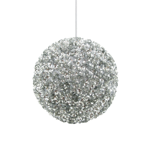 CHRISTMAS STYRO BEADED SEQUIN HANGING BALL SILVER MEDIUM