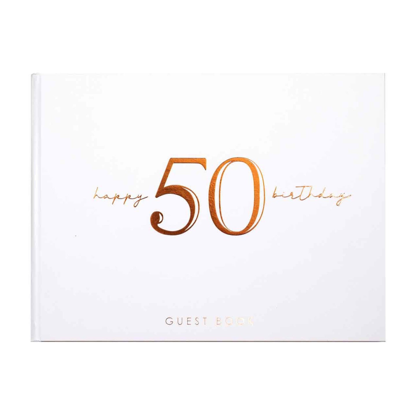 GUEST BOOK ROSE GOLD WRITING ON WHITE 50TH