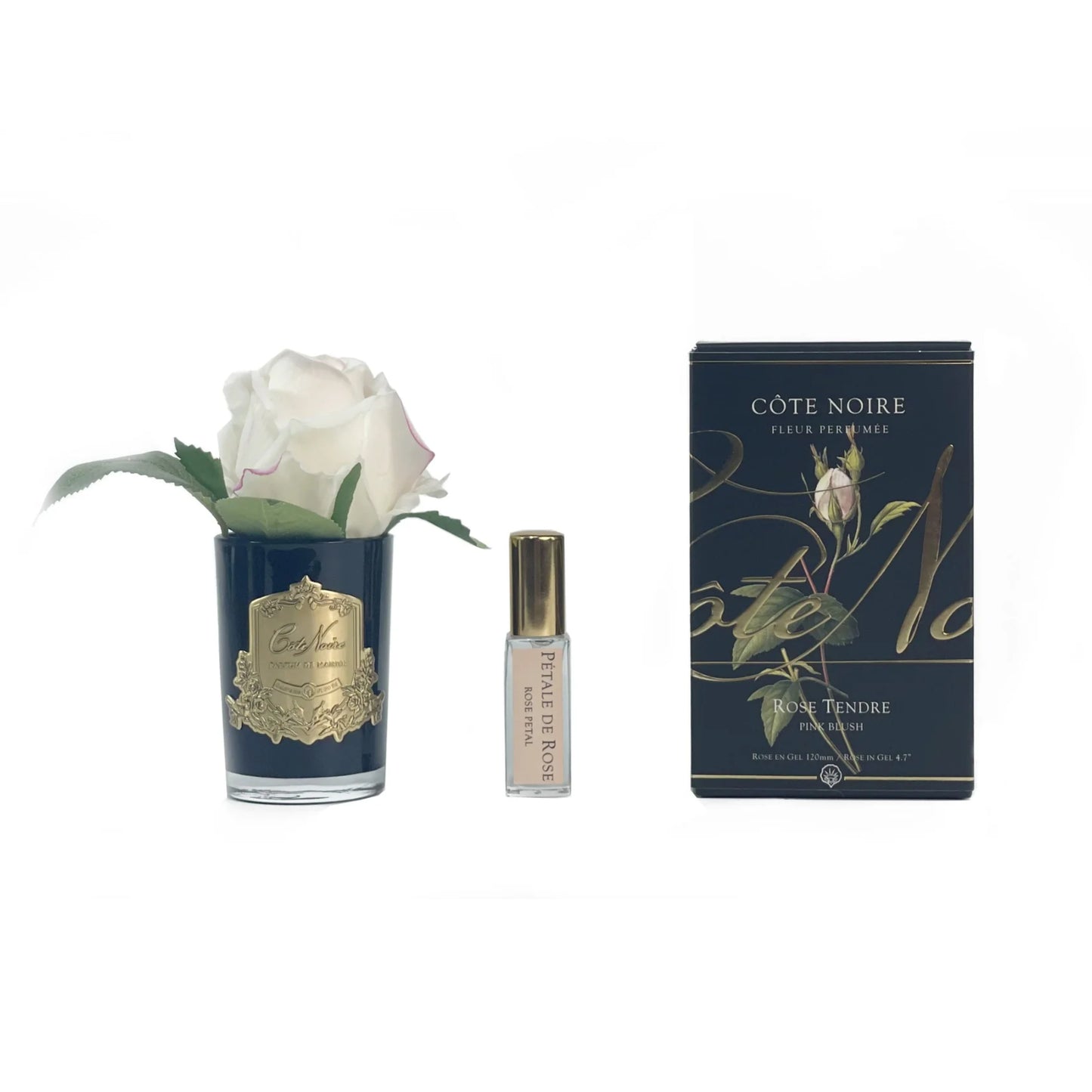 Cote Noire Rose Bud Perfumed Natural Touch Pink Blush Black Glass With Gold Crest