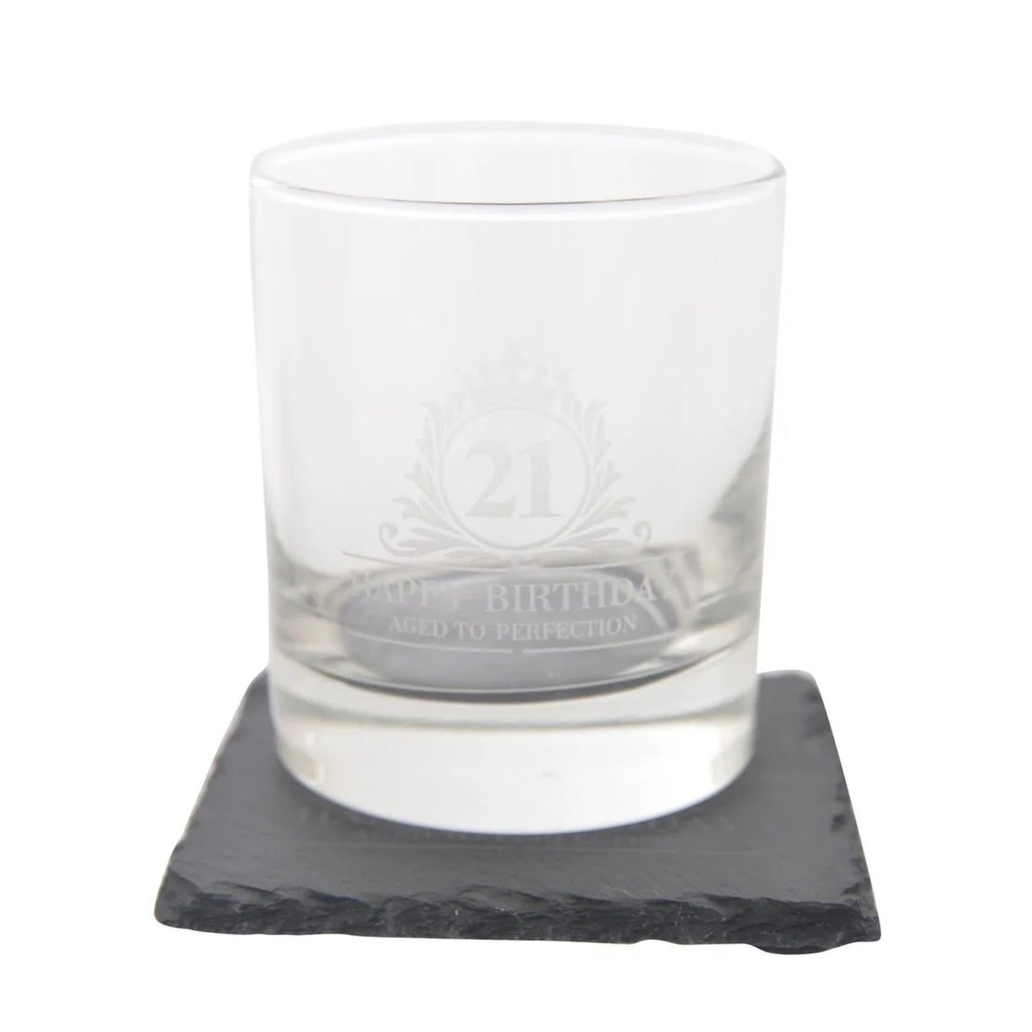 Birthday Whiskey Glass & Slate Coaster Set in Wooden Box 21st