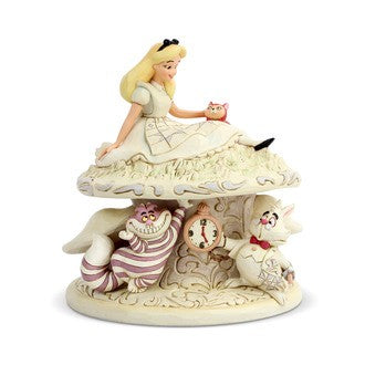 DISNEY TRADITIONS BY JIM SHORE ALICE IN WONDERLAND WHIMSY AND WONDER ALICE ON MUSHROOM WHITE WOODLAND 18CM