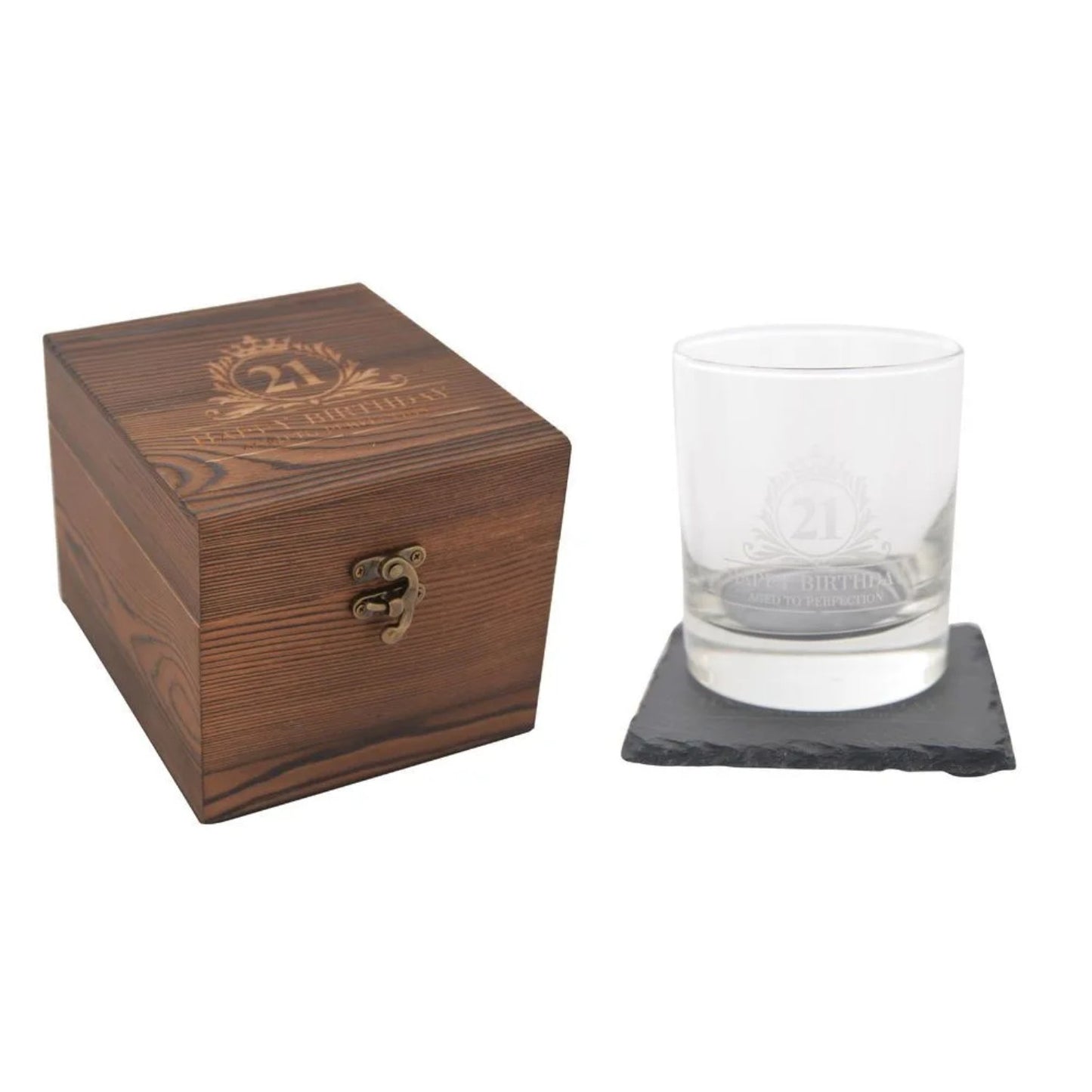 Birthday Whiskey Glass & Slate Coaster Set in Wooden Box 21st