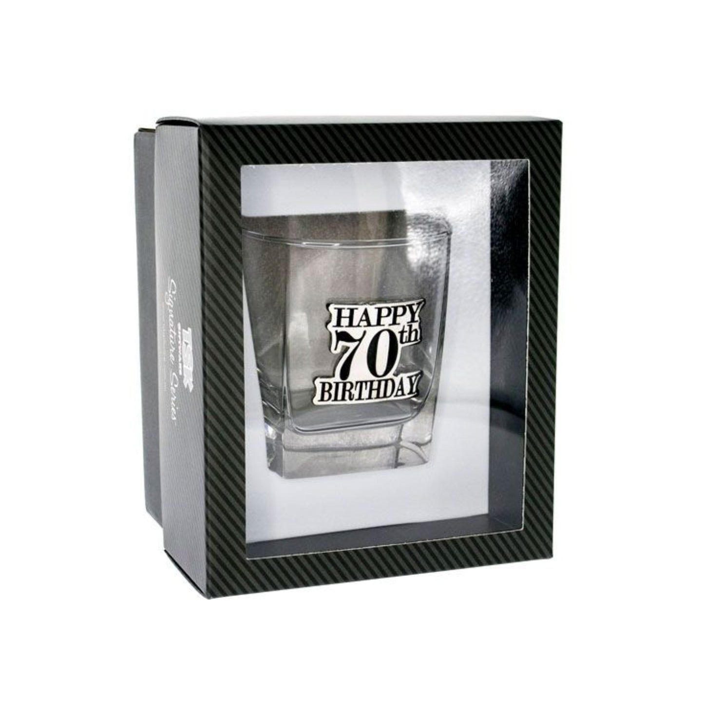 Birthday Whiskey Scotch Glass With Black & Silver Badge 70th