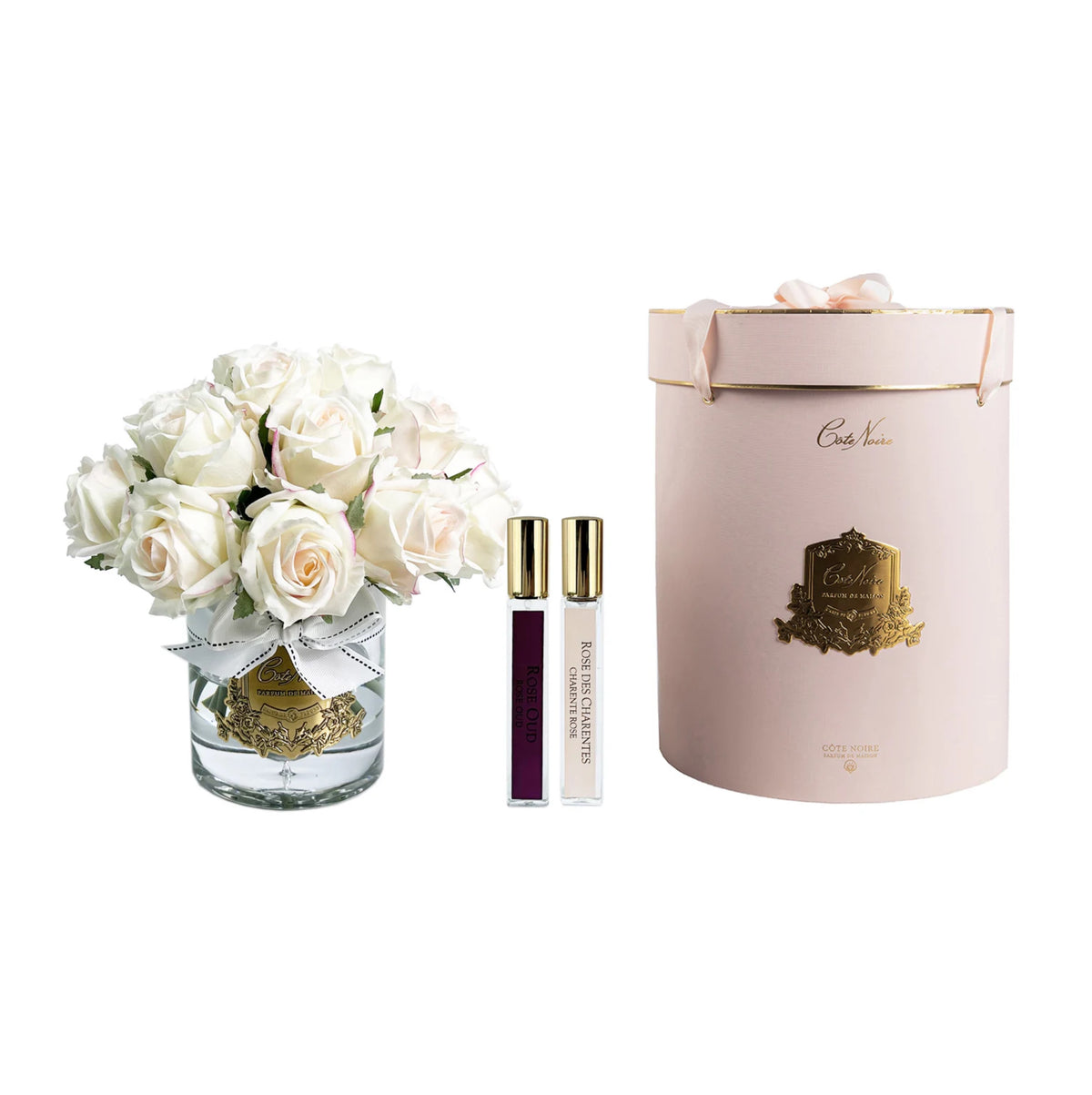 Cote Noire Luxury Grand Rose Bud Bouquet Pink Blush Gold Badge