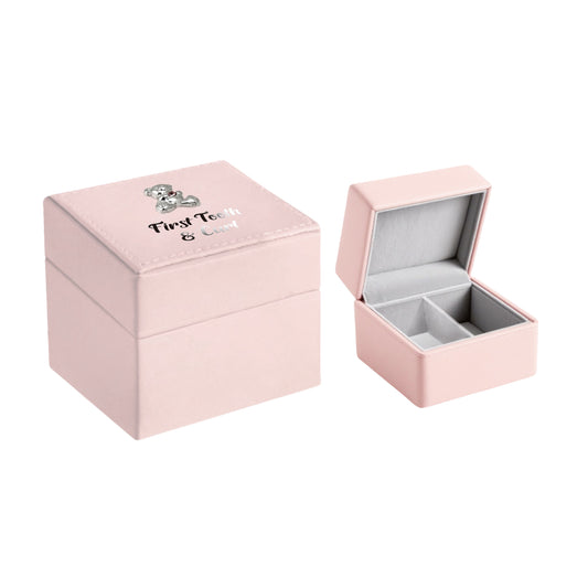 First Tooth & Curl Box Pink Leather With Silver Bear Motiff Baby Girl