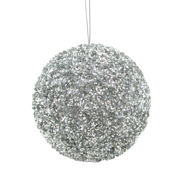 CHRISTMAS STYRO BEADED SEQUIN HANGING BALL SILVER LARGE