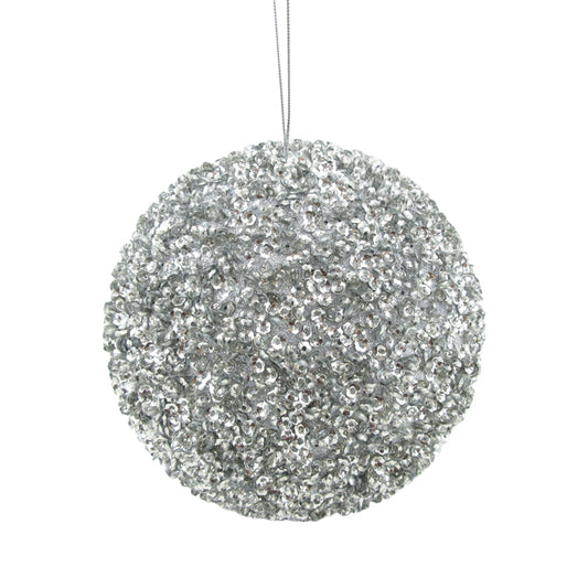 CHRISTMAS STYRO BEADED SEQUIN HANGING BALL SILVER LARGE