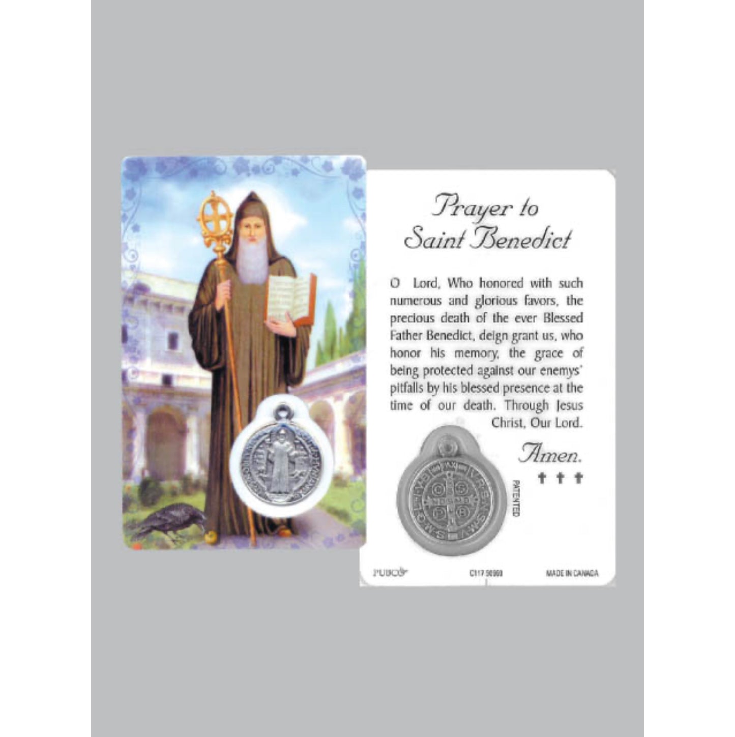 Laminated Window Prayer Card & Charm Saint Benedict
