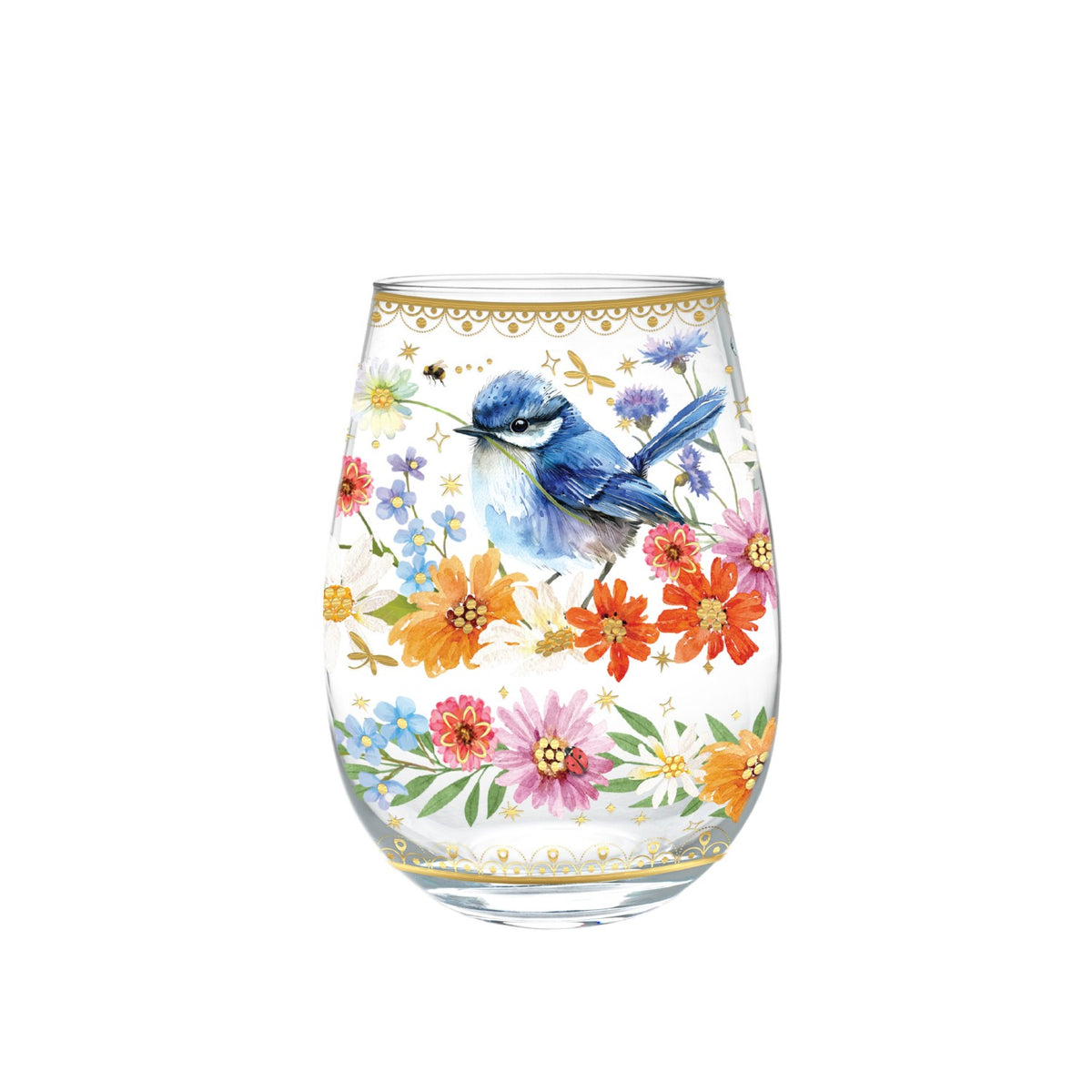 Lisa Pollock Stemless Glass Gold Detailing With 24K Gold Lime Garnish Floral Wren