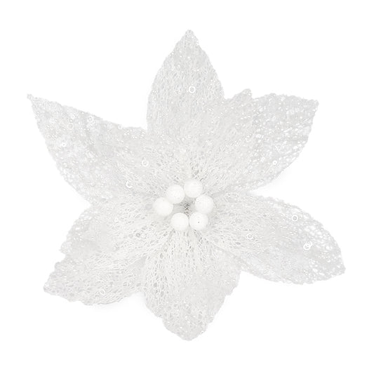 CHRISTMAS FABRIC CLIP POINSETTIA WHITE SKELETON LEAVES